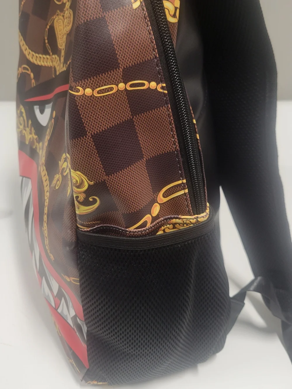 Reason Clothing Shark Mouth Brown Graphic Backpack with Red Accent